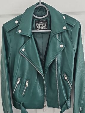 Levi's Dark Green Moto Faux Leather Jacket with Silver Hardware XS